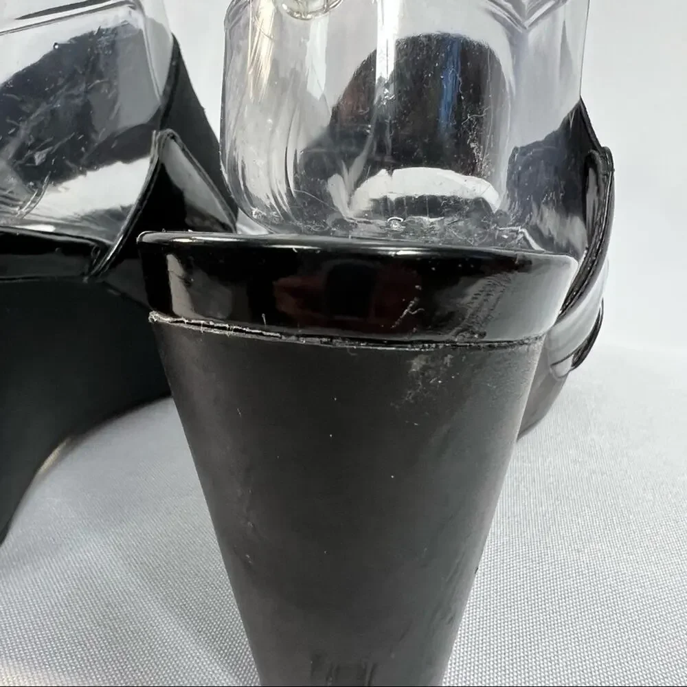 Chaps Rhoda black patent leather stretch slide on wedge open toe heel sandals 9 - Picture 6 of 7